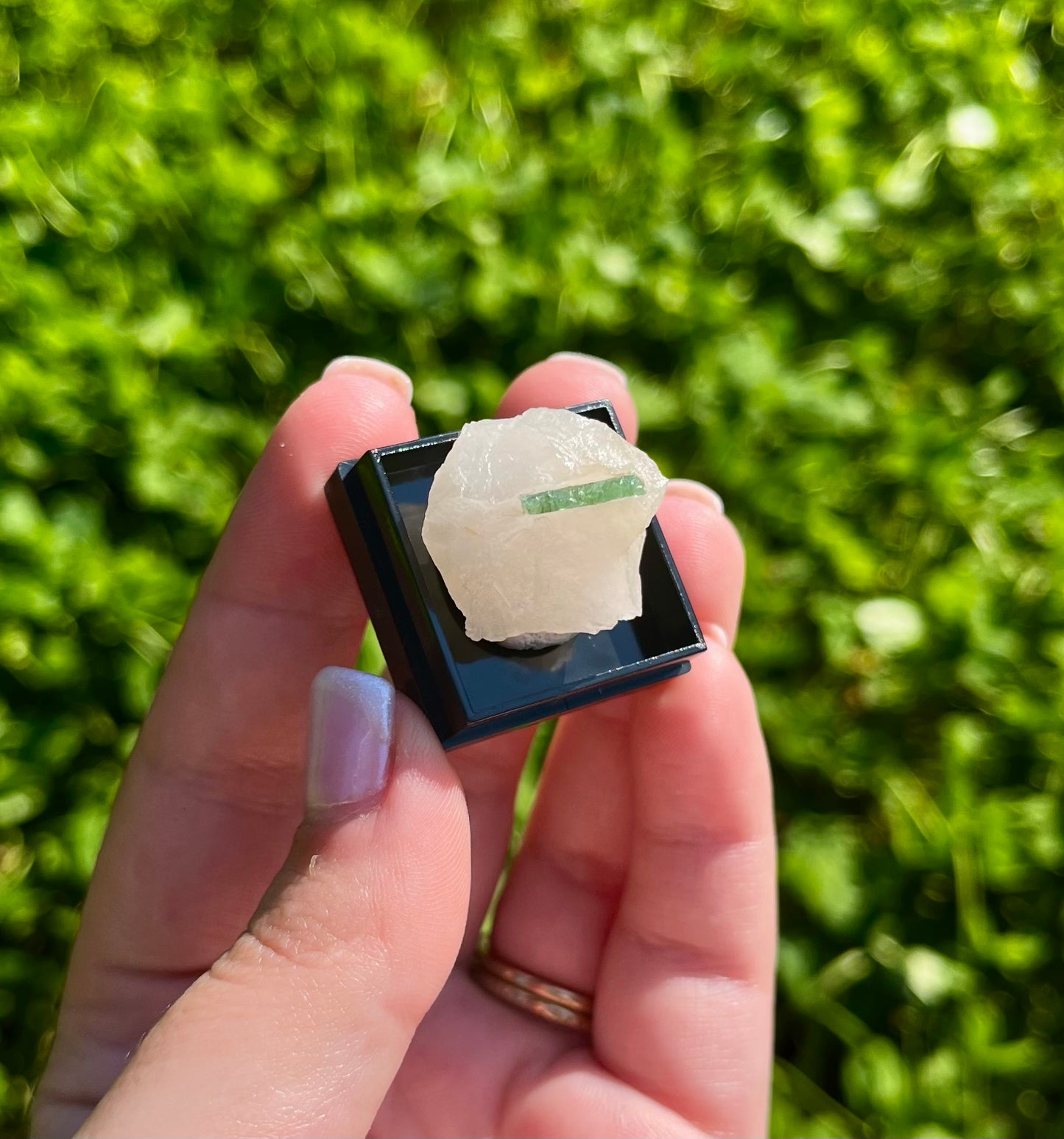 Green tourmaline on quartz thumbnail specimen