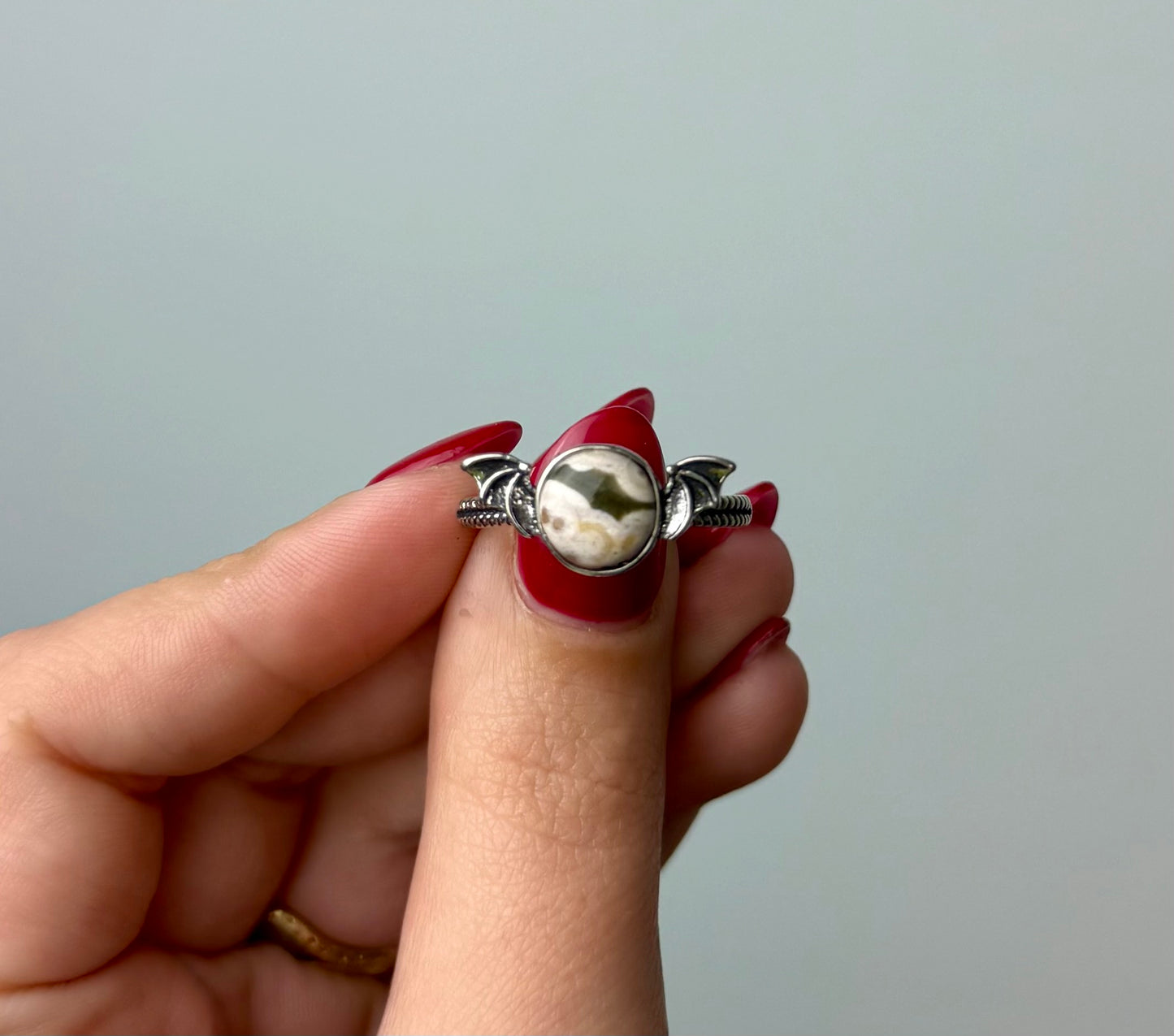 Ocean jasper bat adjustable ring