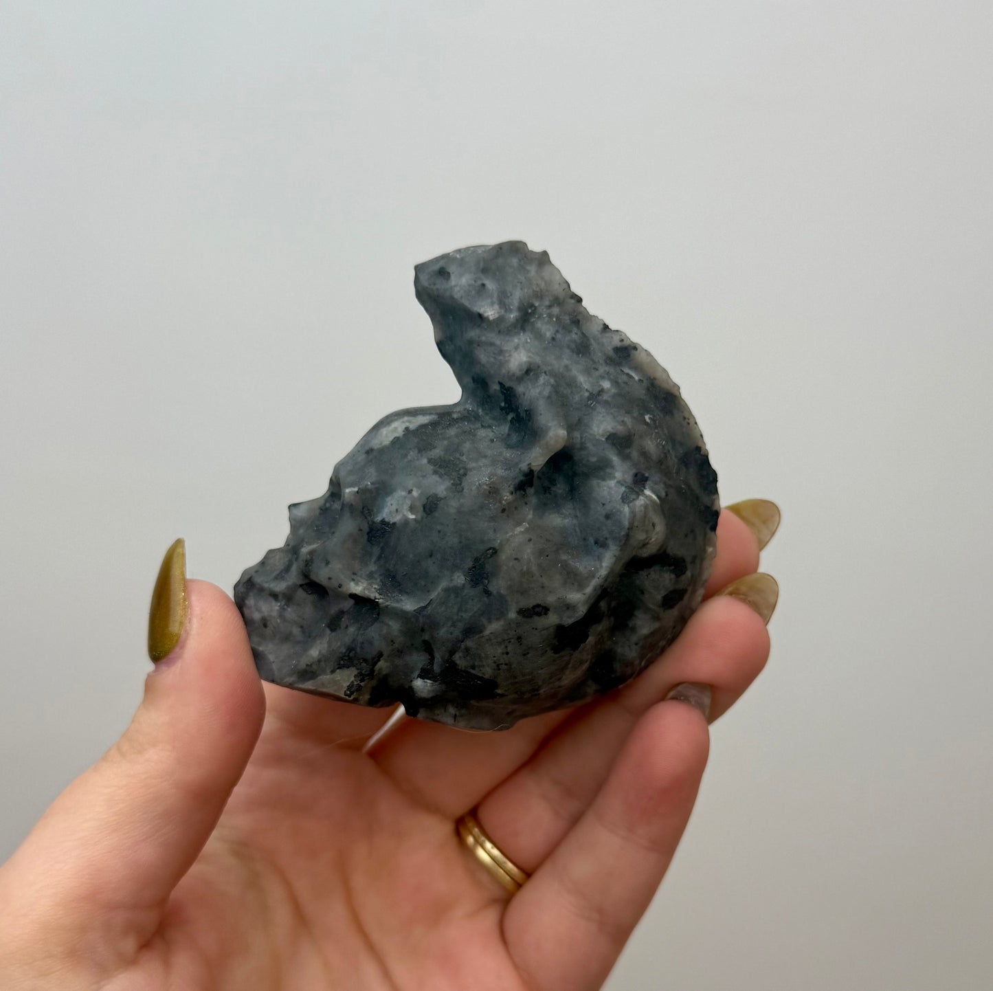 Larvikite skull with lizard carving