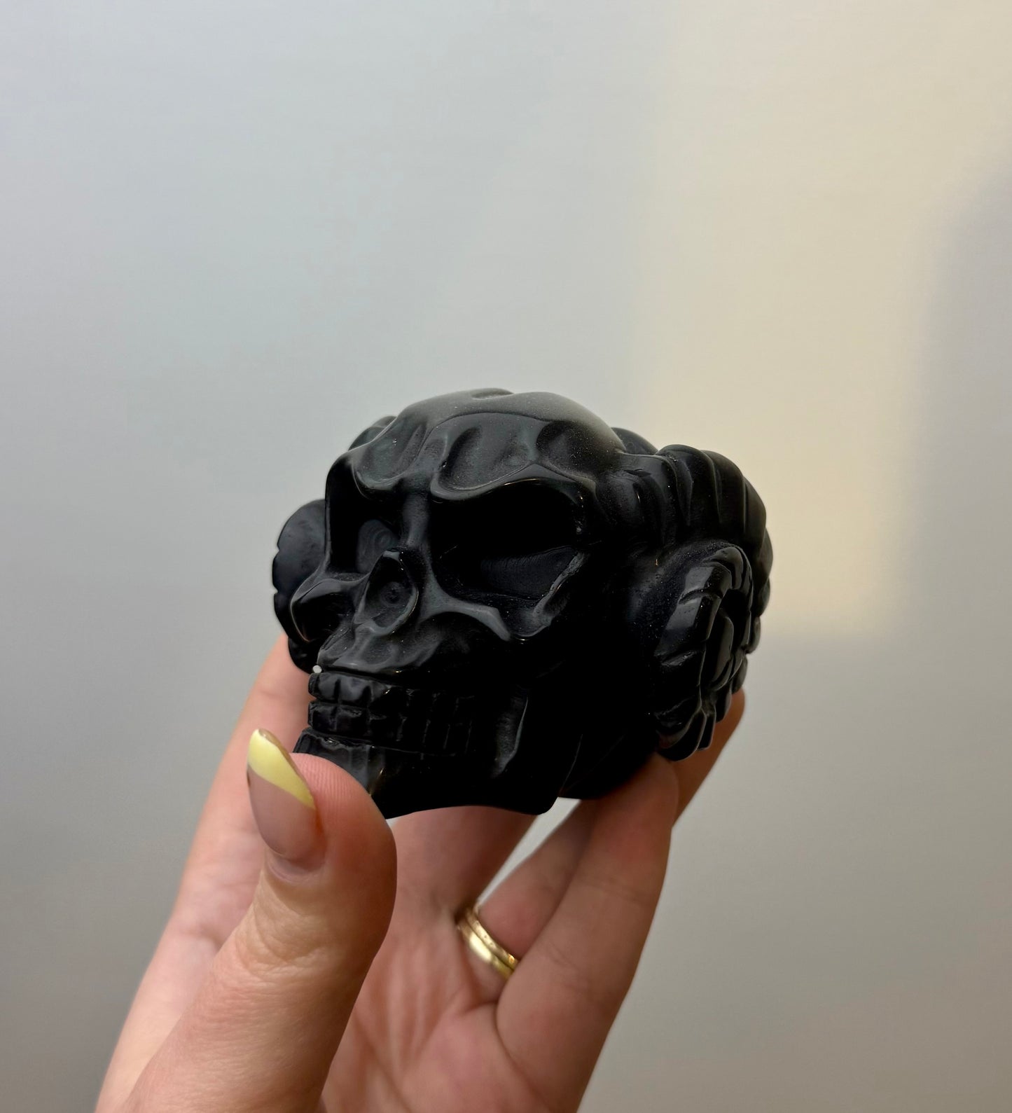 Obsidian ram horn pumpkin skull carving