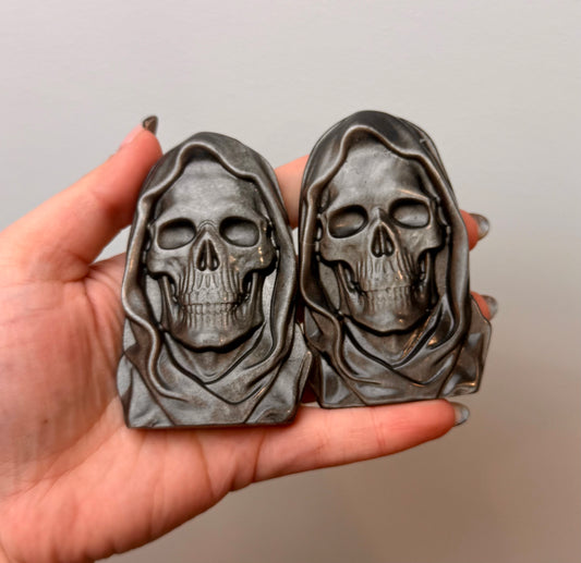 Silver sheen obsidian skelton grim reaper carvings