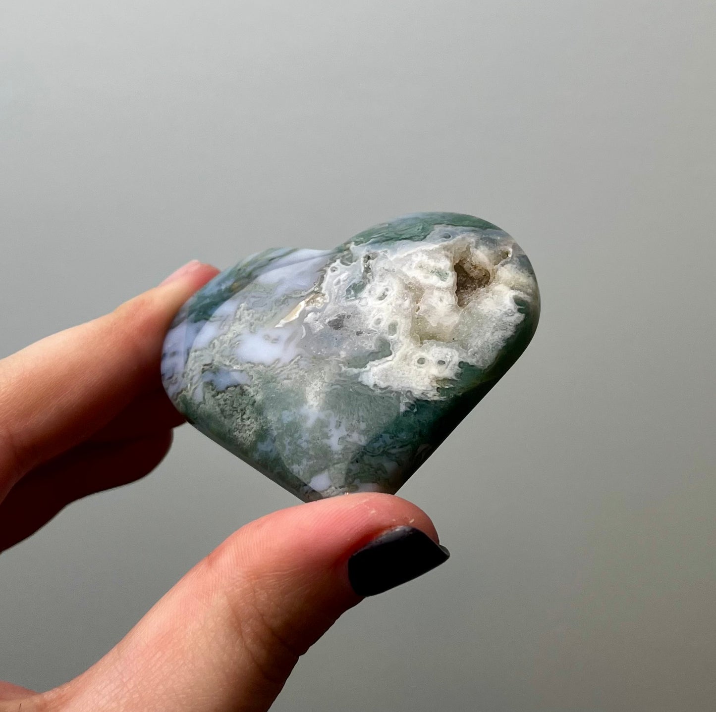 Moss agate heart carving