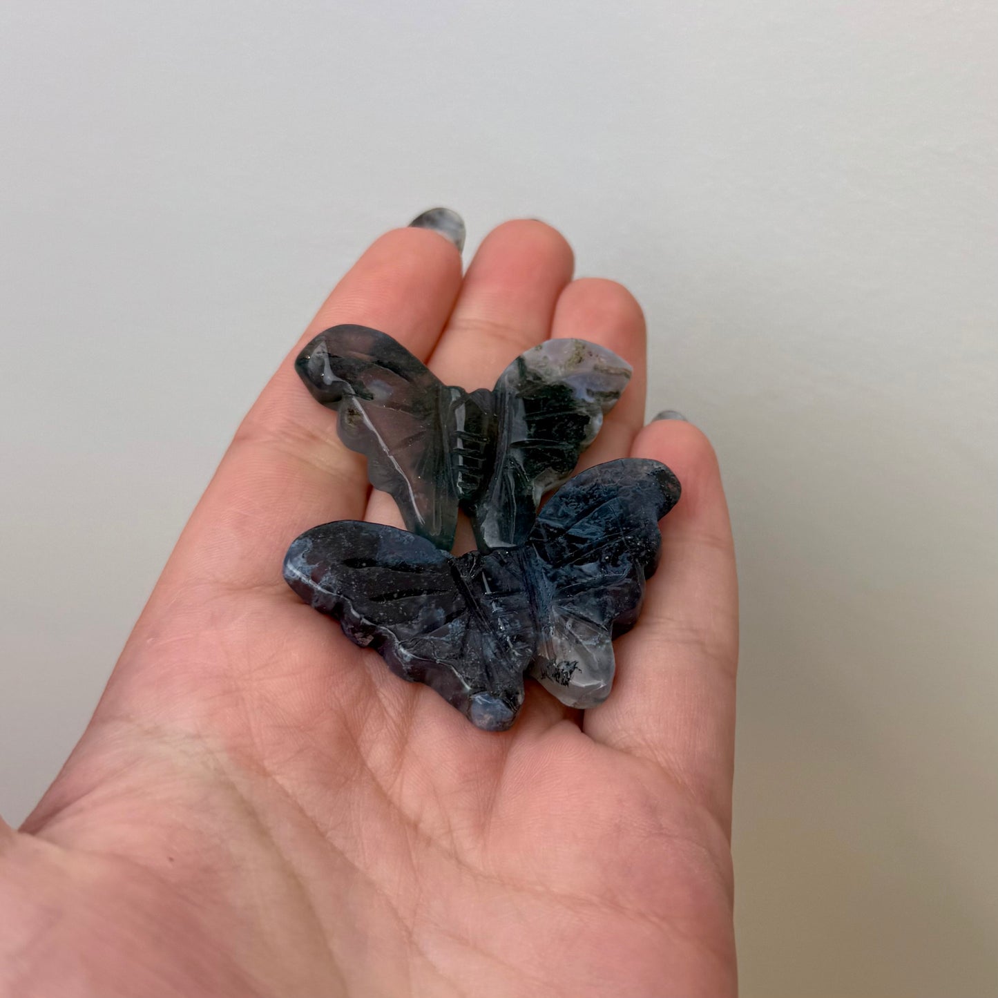 Moss agate butterfly carvings