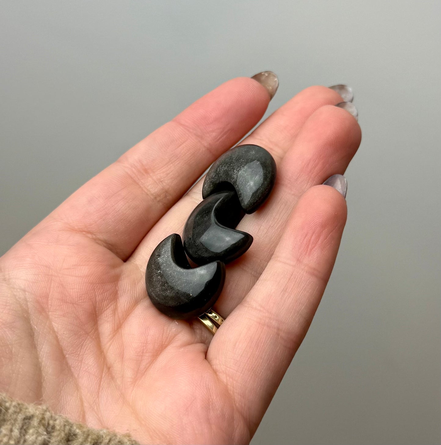 Silver sheen obsidian moon carvings