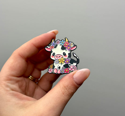 Flower cow enamel pin