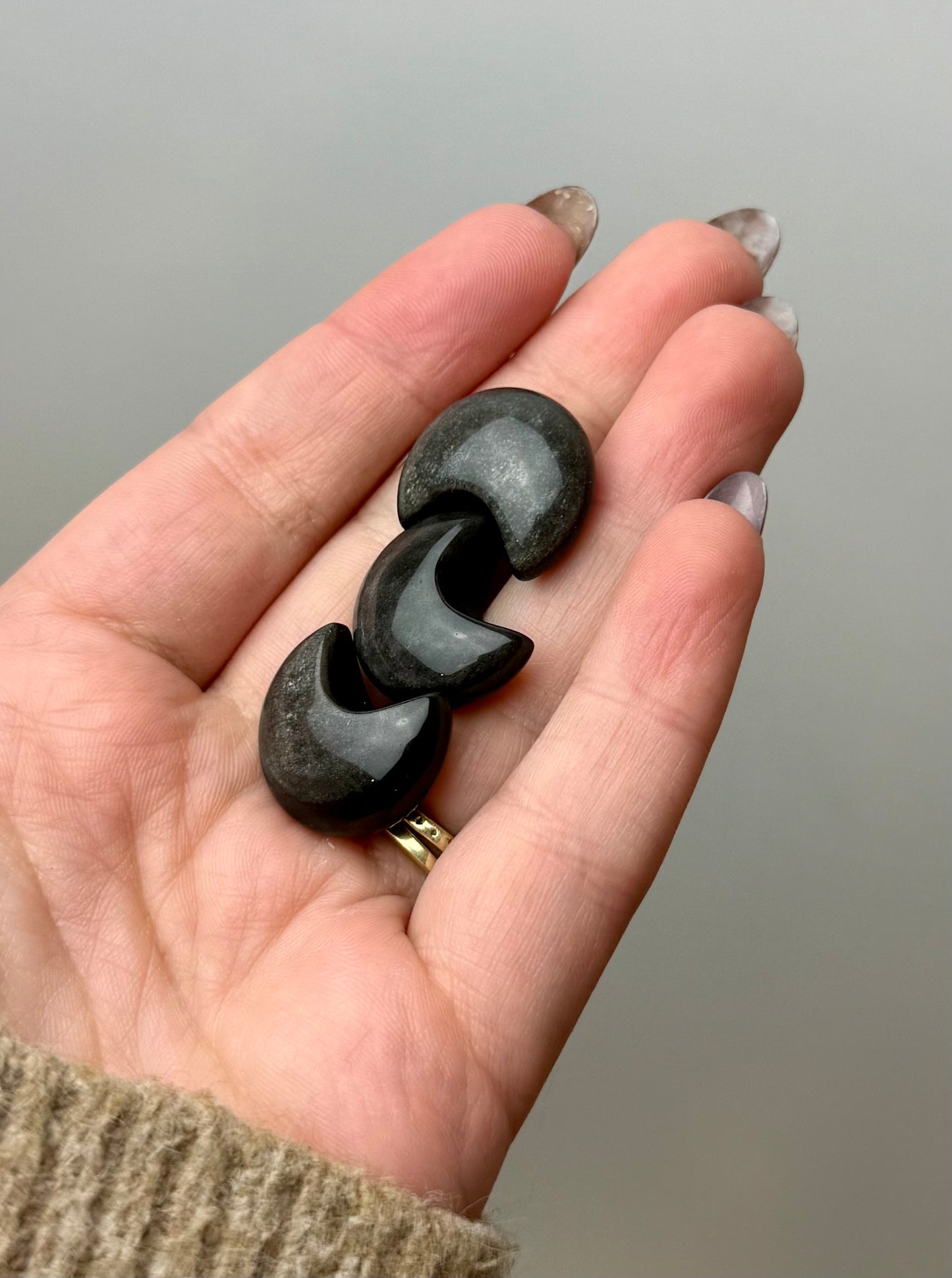 Silver sheen obsidian moon carvings