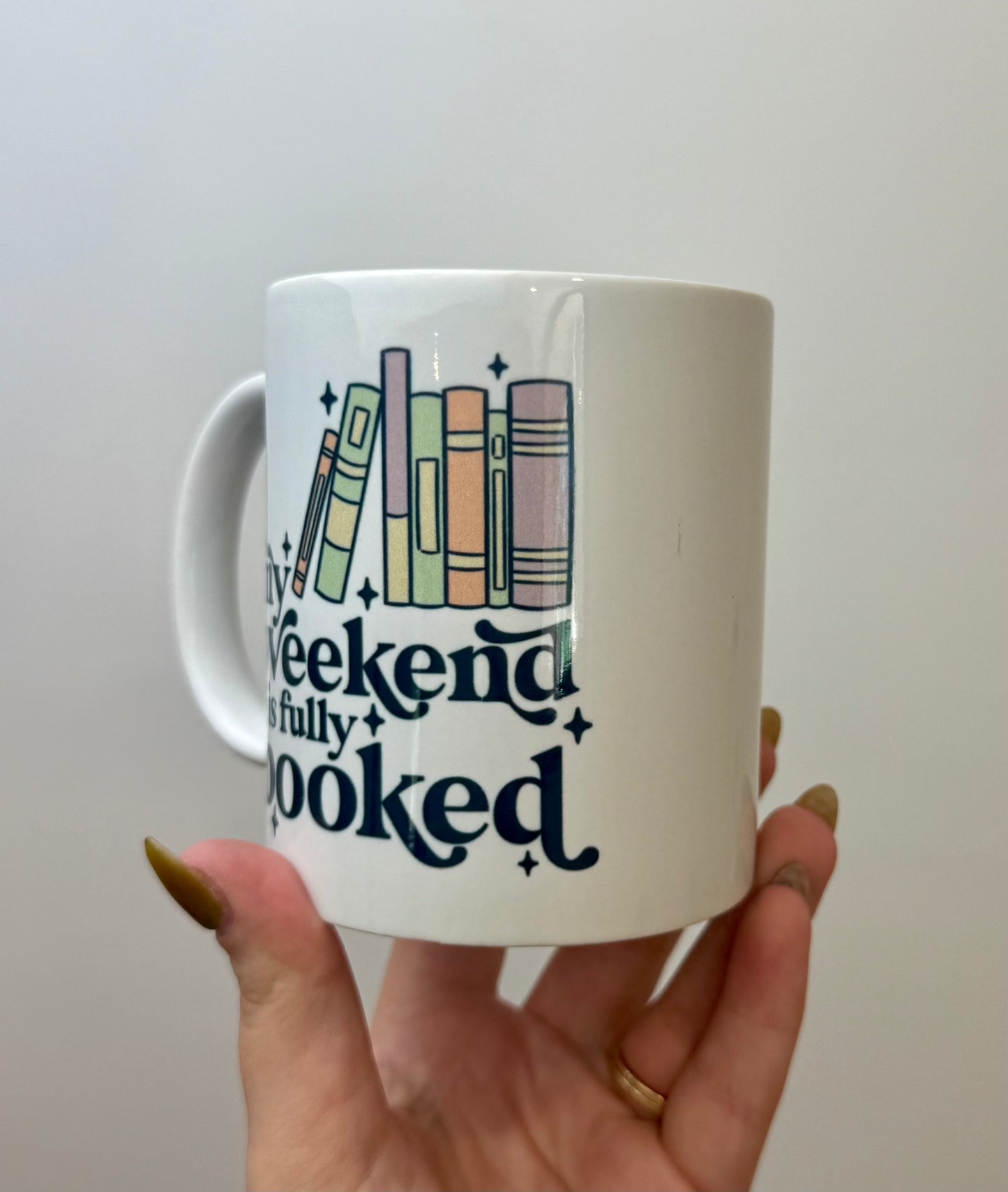 My weekend is booked mug thrifted find