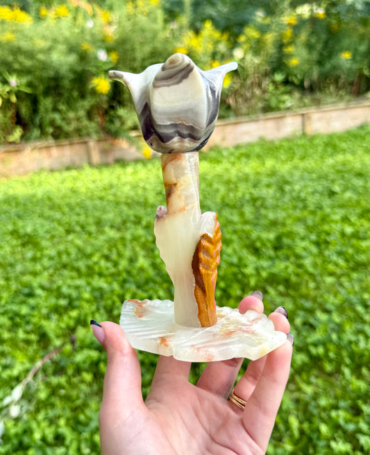 Imperfect “green onyx” green calcite zebra calcite candle stick thrifted find