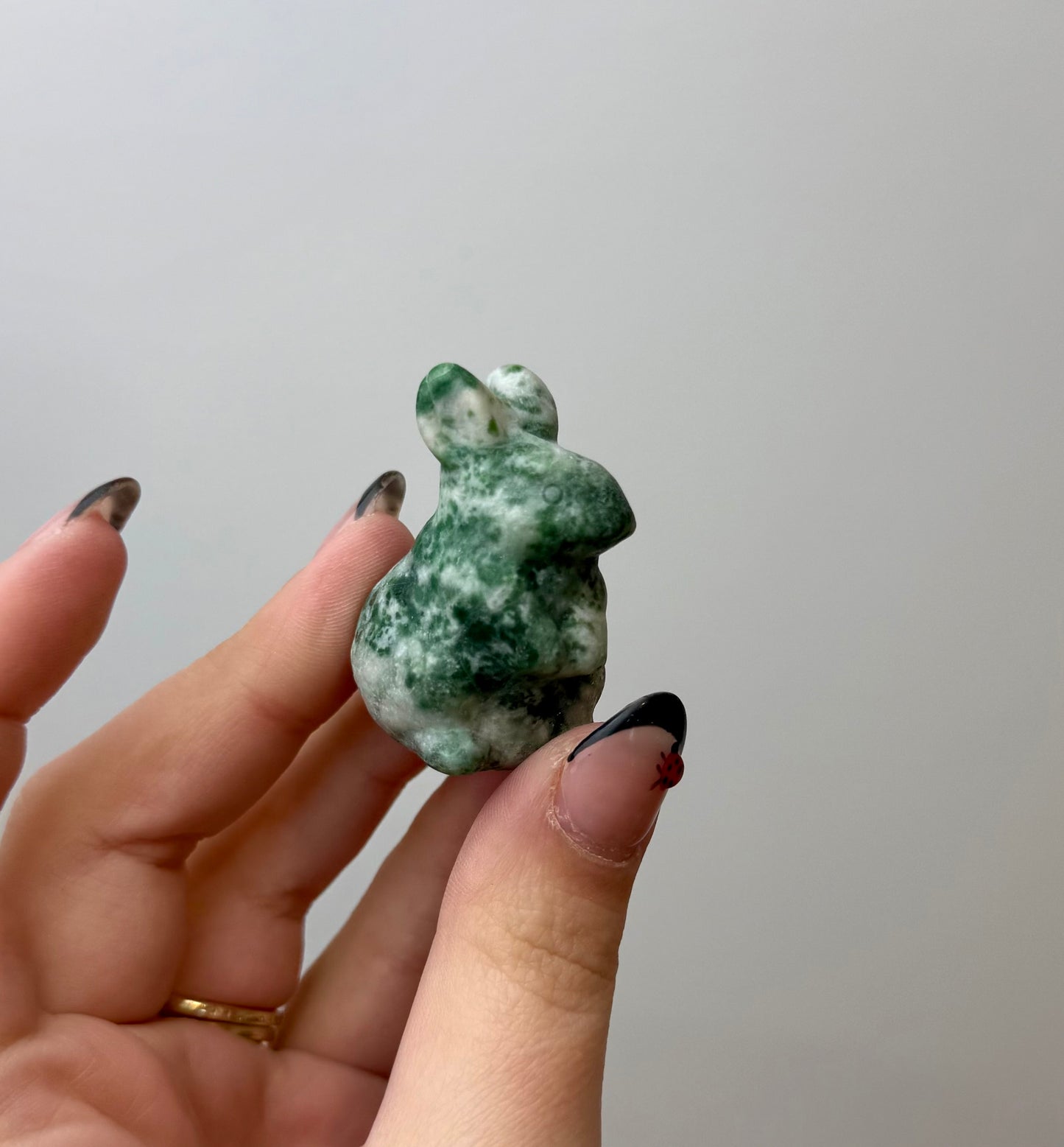 Moss agate bunny carving