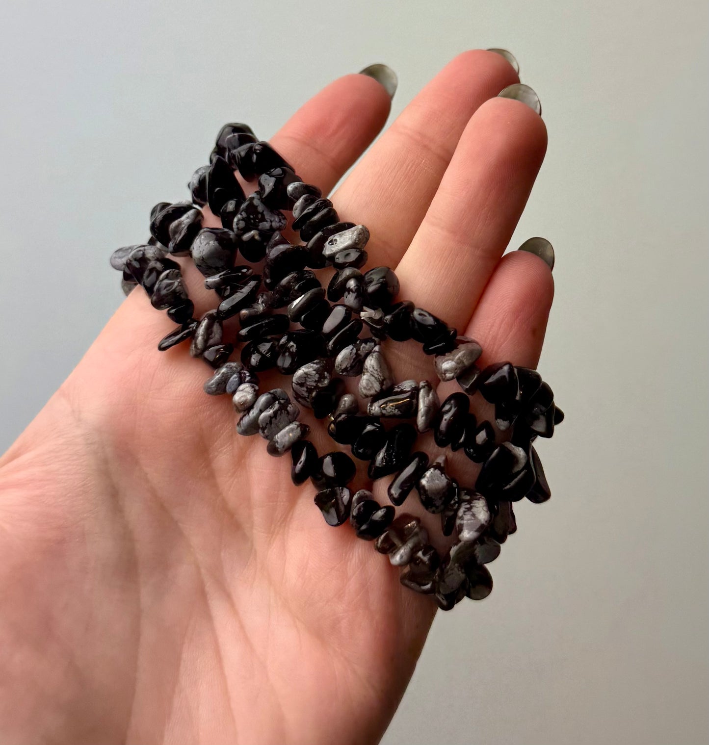 Snowflake obsidian chip bracelets