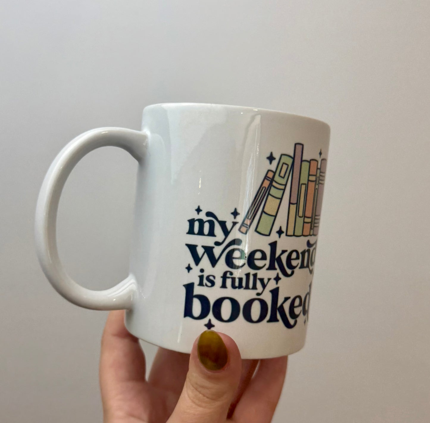 My weekend is booked mug thrifted find