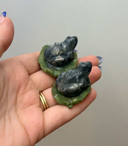 Larvikite frog on lily pad carvings