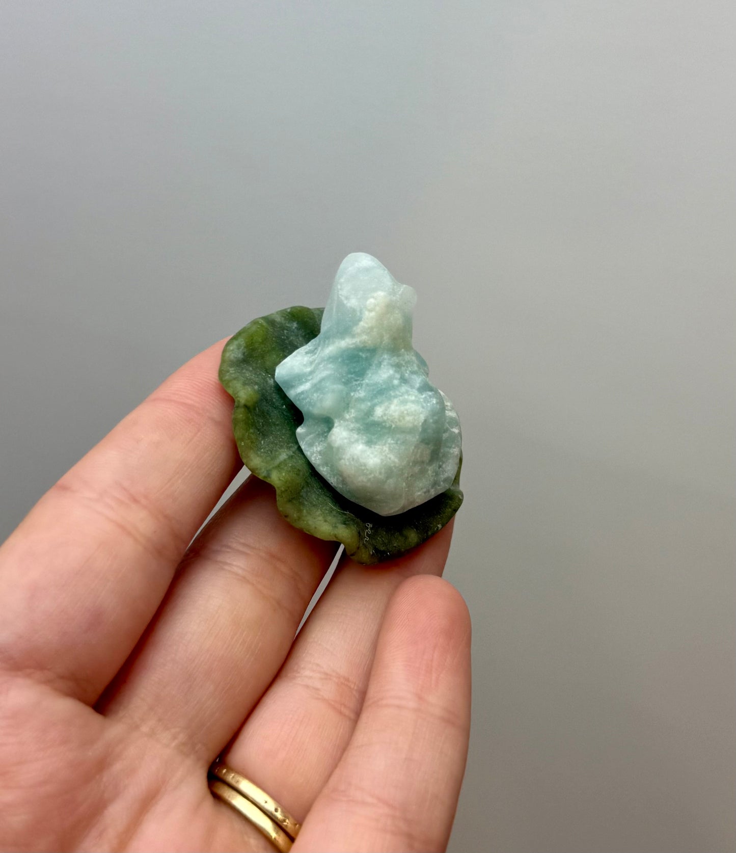 Amazonite frog on a lily pad carving