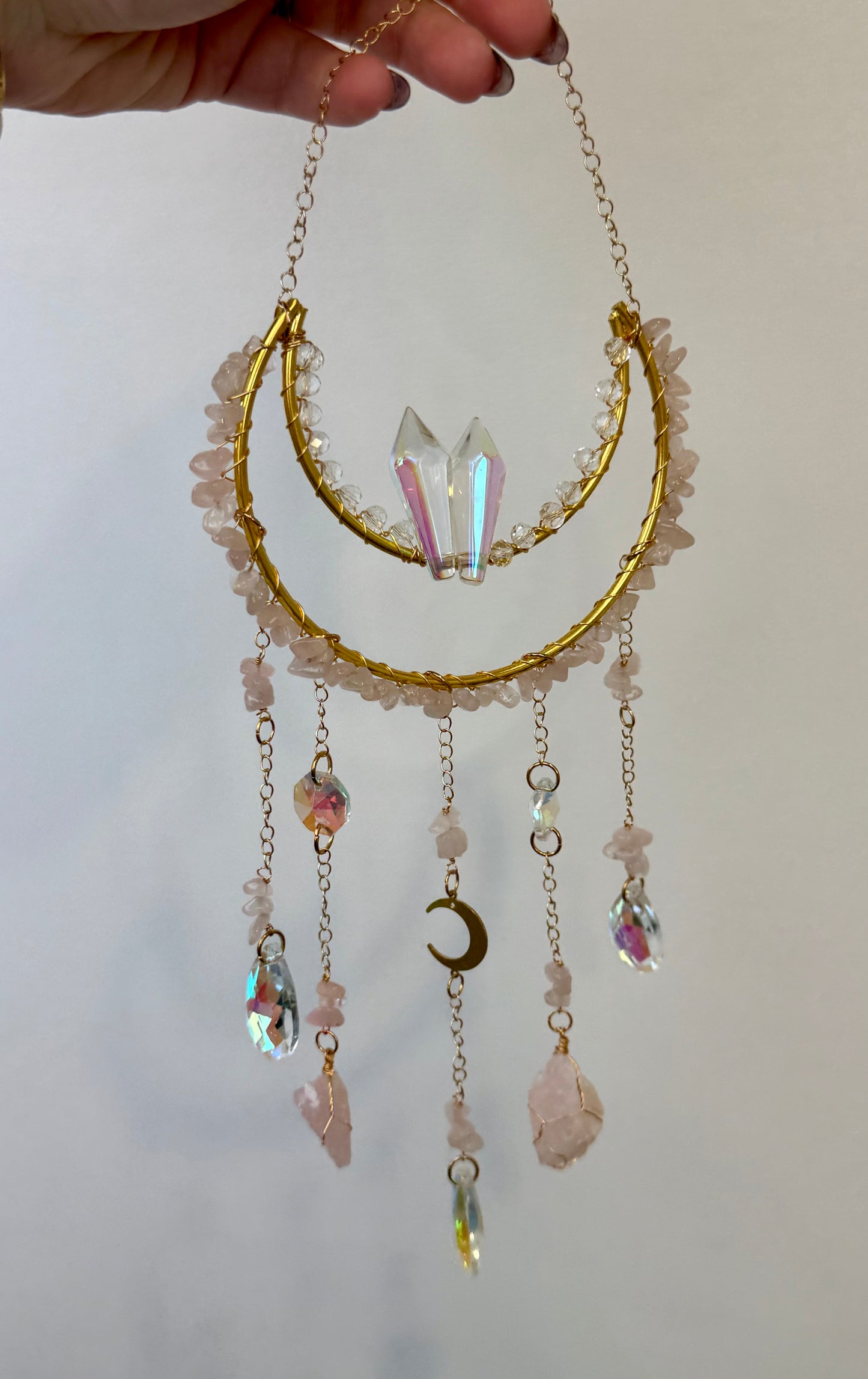 Rose quartz moon suncatcher