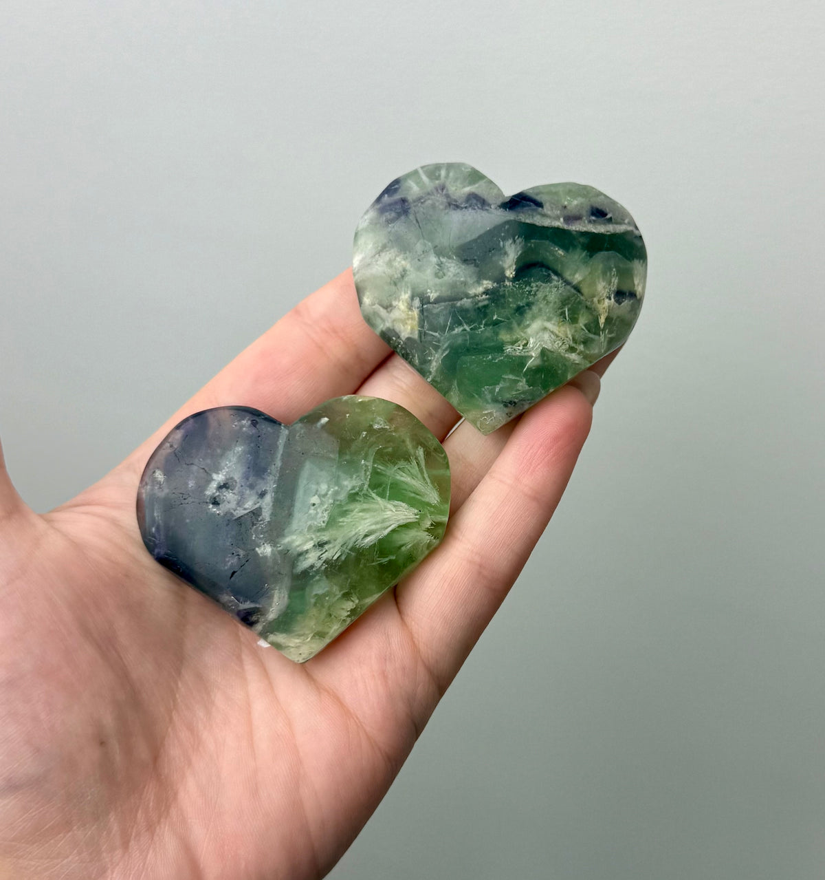 Feather fluorite heart carvings