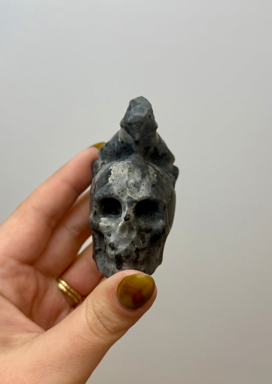 Larvikite skull with lizard carving