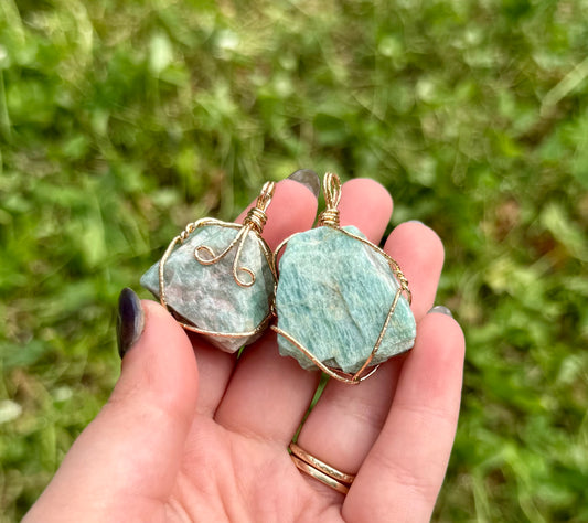 Amazonite raw wire wrapped pendants