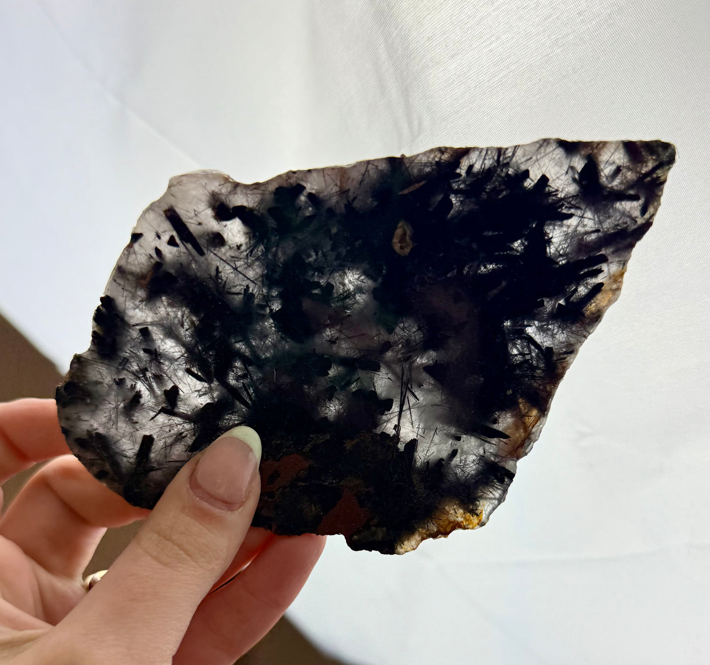 Black tourmaline in quartz slab