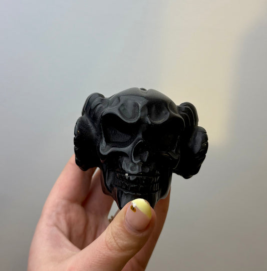 Obsidian ram horn pumpkin skull carving
