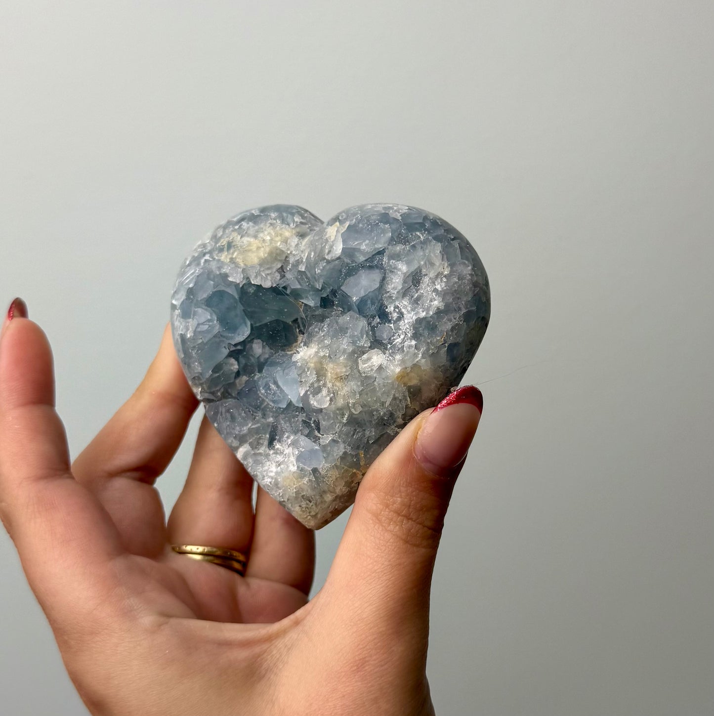 Celestite raw heart carving
