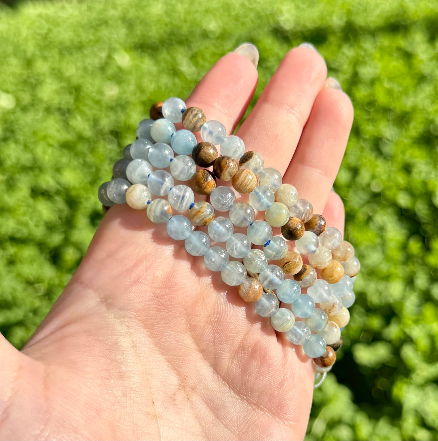 6mm “Blue Onyx" Aquatine Lemurian calcite bracelets