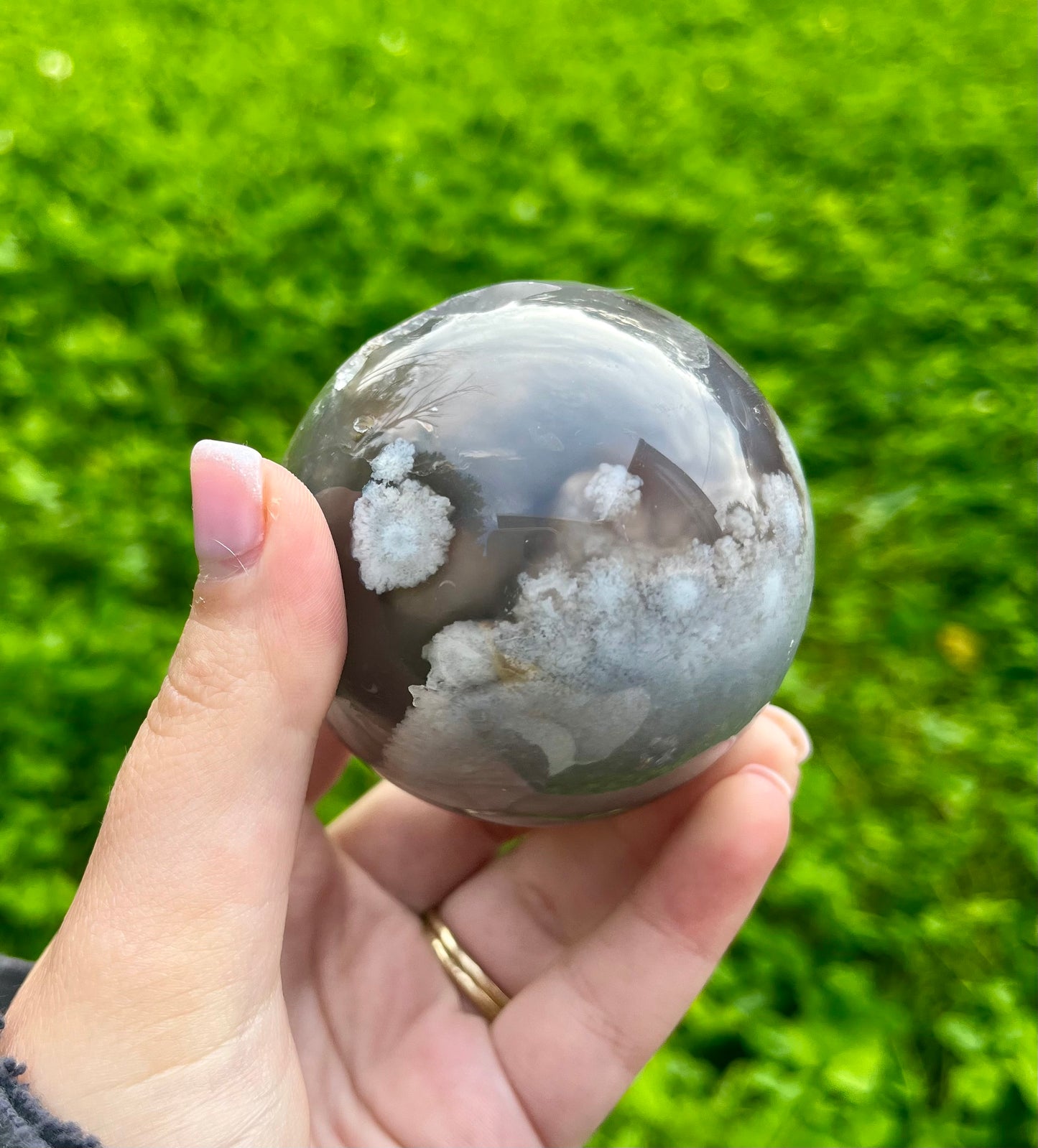 Black flower agate sphere